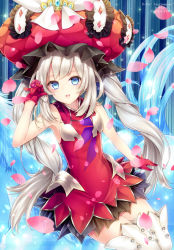 Rule 34 | 1girl, :d, arm at side, armpits, blue eyes, blush, boots, cowboy shot, dress, fate/grand order, fate (series), gloves, hand up, hat, kabocha usagi, light particles, long hair, looking at viewer, marie antoinette (fate), open mouth, petals, pillar, red gloves, silver hair, sleeveless, sleeveless dress, smile, solo, thigh boots, thighhighs, twintails, white footwear