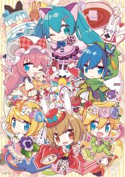 Rule 34 | 2boys, 4girls, animal ears, animal hands, aqua eyes, aqua hair, blonde hair, blue eyes, blue hair, bow, brown hair, bug, butterfly, butterfly hair ornament, cake, card, cat ears, cat paws, chibi, coat, commentary, cosplay, cup, dessert, dress flower, drinking glass, flower, food, fork, formal, gloves, green coat, green hood, green pants, green scarf, green suit, hair flower, hair ornament, hat, hat bow, hatsune miku, heart, holding, holding fork, holding teapot, hood, insect, kagamine len, kagamine rin, kaito (vocaloid), long hair, megurine luka, meiko (vocaloid), multiple boys, multiple girls, one eye closed, open mouth, pants, pantyhose, pink hair, playing card, pocket watch, rabbit, rabbit ears, red eyes, scarf, short hair, smile, spiked hair, straight hair, striped background, striped clothes, striped legwear, striped pantyhose, suit, tea party, teapot, twintails, very long hair, vocaloid, watch, white rabbit (alice in wonderland), white rabbit (cosplay), yoshiki