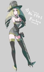 Rule 34 | 1girl, alternate color, bad id, bad pixiv id, black thighhighs, bow, bowtie, breasts, camouflage, cane, character name, creatures (company), crustle, dress, drill hair, full body, game freak, gen 5 pokemon, green bow, green eyes, green hair, grey background, grey hair, hat, hat bow, high heels, kz 609, large breasts, long hair, matching hair/eyes, multicolored hair, nintendo, personification, pokedex number, pokemon, pokemon bw, shiny pokemon, short dress, simple background, solo, strapless, strapless dress, thighhighs, top hat, two-tone hair