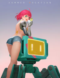 Rule 34 | 1girl, android, antenna hair, ass, back, beige background, bikini, bikini top only, blue background, brown background, commentary, cup, denim, denim shorts, from behind, green eyes, highres, holding, holding cup, looking at viewer, looking back, open mouth, original, pink hair, robot, short hair, short shorts, shorts, simple background, smile, solo, swimsuit, teeth, upper teeth only, wang xiao jun, yellow bikini
