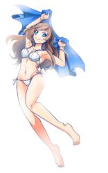 Rule 34 | 1girl, armpits, barefoot, blue eyes, breasts, brown hair, castlevania (series), castlevania: portrait of ruin, charlotte aulin, closed mouth, collarbone, full body, highres, kasakasanekokon, long hair, looking at viewer, navel, simple background, smile, solo, swimsuit, white background