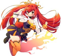 Rule 34 | 1girl, artist request, astral gazer, astral stairways, belt, belt skirt, black footwear, blush, bow, breasts, cheerleader, cleavage, collar, full body, hair ribbon, highres, hiroko (astral gazer), large breasts, legs folded, long hair, long sleeves, looking at viewer, official art, red hair, ribbon, scrunchie, shoes, simple background, smile, solo, thighhighs, twintails, white background, yellow eyes