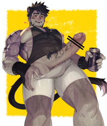Rule 34 | 1boy, 2022, animal ears, arkapami, armpit hair, bad id, bad pixiv id, bar censor, bara, bare pectorals, black gloves, black hair, black tank top, boxer briefs, can, censored, chest hair, chinese zodiac, drink can, earrings, erection, eyebrow cut, facial hair, gloves, happy new year, heart, highres, holding, holding can, jewelry, large pectorals, leg hair, looking at viewer, male focus, male pubic hair, male underwear, male underwear pull, muscular, muscular male, new year, nipple piercing, nipples, open mouth, original, partially fingerless gloves, pectorals, penis, piercing, pubic hair, pulling own clothes, red eyes, short hair, sideburns, sidepec, smile, soda can, solo, tank top, thick thighs, thighs, tiger boy, tiger ears, underwear, white male underwear, year of the tiger