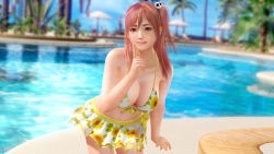 Rule 34 | 1girl, 3d, bikini, breasts, dead or alive, dead or alive xtreme 3 fortune, honoka (doa), large breasts, official art, official wallpaper, outdoors, pink hair, pool, sky, solo, swimsuit, wallpaper, water