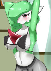 Rule 34 | 1girl, alternate color, armpits, arms up, black bra, blush, bra, breasts, cleavage, covered erect nipples, creatures (company), furry, furry female, game freak, gardevoir, gen 3 pokemon, green hair, hair over one eye, lace, lace-trimmed bra, lace trim, lingerie, navel, nintendo, no humans, pantyhose, pokemon, pokemon (creature), red eyes, sana!rpg, shiny skin, solo, underboob, underwear, undressing, window