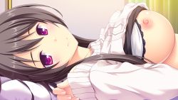 Rule 34 | 1girl, black hair, blush, bra, bra lift, breasts, clothes lift, curtains, game cg, ichijou aoi, long hair, looking at viewer, lying, melty moment, nipples, on back, pillow, purple eyes, shirt lift, sleeves past wrists, smile, solo, sweater, takayaki, underwear, white bra