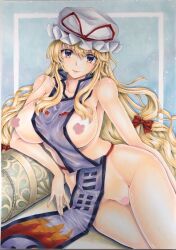 Rule 34 | 1girl, arm support, bare shoulders, blonde hair, blue background, blue eyes, bow, censored, censored nipples, closed mouth, collarbone, feet out of frame, hair between eyes, hair bow, hat, hat ribbon, head tilt, light smile, long hair, looking at viewer, marker (medium), mikeko (user zntg7852), mob cap, nude, purple tabard, red bow, red ribbon, ribbon, simple background, solo, tabard, touhou, traditional media, very long hair, white hat, yakumo yukari