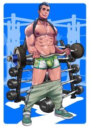 Rule 34 | 1boy, abs, bara, black collar, blue background, border, bulge, clothes pull, collar, exercising, green footwear, green male underwear, green pants, highres, male focus, male underwear, maorenc, muscular, muscular male, navel, navel hair, nipples, open mouth, original, pants, pants pull, pectorals, shoes, short hair, smile, solo, teeth, track pants, undercut, underwear, weightlifting, white border