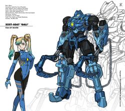 Rule 34 | 1girl, 2022, absurdres, apoloniodraws, artist name, assault visor, bionicle, black bodysuit, blonde hair, blue bodysuit, blue gloves, blue ribbon, bodysuit, breasts, chain, character name, commission, dual wielding, gali (bionicle), gloves, glowing, glowing eye, gradient hair, green eyes, hair behind ear, hair ribbon, hand on own shoulder, head tilt, highres, holding, holding weapon, long hair, looking at viewer, mecha, mechanization, medium breasts, multicolored bodysuit, multicolored clothes, multicolored hair, open hand, original, pilot suit, ribbon, robot, smile, the lego group, twintails, walking, weapon, yellow eyes