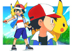 Rule 34 | 1boy, :d, ash ketchum, baseball cap, black footwear, black hair, blue jacket, blue shorts, brown eyes, commentary request, creatures (company), game freak, gen 1 pokemon, hat, holding, holding poke ball, jacket, kyanos (b 0000ff), male focus, nintendo, open mouth, pikachu, poke ball, poke ball (basic), pokemon, pokemon (anime), pokemon (classic anime), pokemon (creature), pokemon journeys, pokemon on back, red headwear, shirt, shoes, short hair, short sleeves, shorts, sleeveless, sleeveless jacket, smile, standing, t-shirt, teeth, tongue, upper teeth only, white shirt