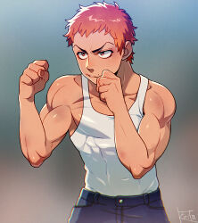 Rule 34 | 1boy, check copyright, clenched hands, copyright request, cowboy shot, denim, fighting stance, frown, gradient hair, jeans, kiri futoshi, looking ahead, male focus, multicolored hair, muscular, muscular male, original, pants, pectorals, shiny skin, short hair, sidepec, solo, tank top, thick eyebrows, white tank top