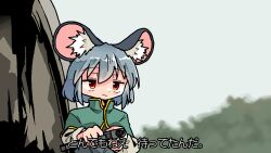 Rule 34 | 1girl, animal ears, black shirt, blush, capelet, check translation, closed mouth, commando (movie), commentary request, dot nose, dress, expressionless, green capelet, grey hair, gun, highres, kasuya baian, long sleeves, medium hair, meme, mouse ears, mouse girl, nazrin, red eyes, reloading, shirt, touhou, translation request, upper body, weapon