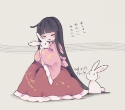 Rule 34 | 1girl, artist name, black hair, blunt bangs, blush, closed eyes, commentary request, cosmicmind, dated, grey background, hime cut, houraisan kaguya, hug, inaba mob (touhou), long hair, long sleeves, open mouth, pink shirt, rabbit, red skirt, shirt, skirt, smile, solo, touhou, translated, wide sleeves