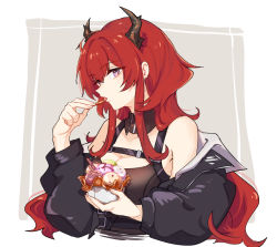Rule 34 | 1girl, arknights, bare shoulders, black dress, black jacket, breasts, chest strap, chinese commentary, cleavage, commentary request, cropped torso, detached collar, dress, food, hand up, highres, holding, holding food, horns, ice cream, jacket, long hair, looking at viewer, mabing, off shoulder, open clothes, open jacket, purple eyes, red hair, sleeveless, sleeveless dress, solo, surtr (arknights), upper body