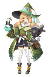 Rule 34 | 1girl, absurdres, bare shoulders, black footwear, black gloves, black skirt, blonde hair, book, boots, brown bag, closed mouth, commentary request, full body, glasses, gloves, green hat, green robe, hat, highres, holding, holding book, hyun (ajshd01), long sleeves, looking at viewer, low twintails, original, potion, robe, semi-rimless eyewear, simple background, skirt, smile, solo, standing, thighhighs, twintails, white background, white thighhighs, witch, witch hat, yellow eyes