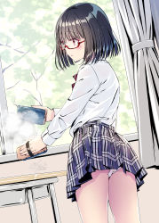 Rule 34 | 1girl, bad id, bad twitter id, black hair, blue skirt, blush, board eraser, bow, bowtie, chair, classroom, collared shirt, curtains, desk, dress shirt, eraser, glasses, hands up, highres, holding, indoors, kobayashi chisato, long sleeves, original, panties, parted lips, plaid, plaid skirt, pleated skirt, red-framed eyewear, red bow, red bowtie, red eyes, school uniform, shirt, short hair, skirt, solo, standing, tree, underwear, white panties, white shirt, window