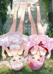Rule 34 | 2girls, bare legs, bare shoulders, barefoot, blush, braid, cait aron, collarbone, commentary request, dress, feet, flower, full body, grass, green eyes, hair flower, hair ornament, hair ribbon, highres, holding hands, japanese clothes, kimono, legs up, long hair, looking at viewer, lying, multiple girls, on back, open mouth, pink hair, red eyes, ribbon, sandals, sergestid shrimp in tungkang, short hair, silver hair, single braid, smile, toes, twintails, white dress, xuan ying