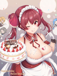 Rule 34 | 4girls, ;q, absurdres, alternate costume, apron, blush, breast tattoo, breasts, cake, chibi, cleavage, confetti, cream, dated, detached collar, detached sleeves, dress, enmaided, food, food on body, food on breasts, food on face, frills, fruit, gloves, hair ribbon, happy birthday, heart, heart tattoo, highres, holding, holding cake, holding food, hololive, houshou marine, large breasts, licking lips, long hair, maid, multiple girls, neck ribbon, one eye closed, party popper, pirate ship, red dress, red eyes, red hair, red ribbon, ribbon, shiranui flare, shirogane noel, solo focus, strawberry, strawberry cake, tattoo, tongue, tongue out, tousaki (tousakiworks), treasure chest, twintails, usada pekora, virtual youtuber, whipped cream, white apron, white gloves, wrist cuffs