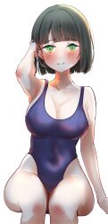 1girl alternate_costume black_hair blue_one-piece_swimsuit blunt_bangs blunt_ends blush bob_cut breasts cleavage closed_mouth collarbone commentary_request competition_swimsuit covered_navel green_eyes highres invisible_chair large_breasts link!_like!_love_live! love_live! momose_ginko one-piece_swimsuit short_hair simple_background sitting smile solo sweatdrop swimsuit virtual_youtuber white_background yaa-kun