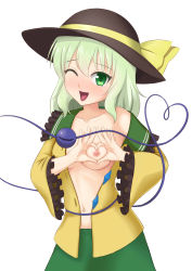 Rule 34 | 1girl, ;d, absurdres, black hat, blue eyes, breasts, collarbone, cowboy shot, green eyes, green hair, green skirt, hat, hat ribbon, heart, heart-shaped boob challenge, heart of string, highres, komeiji koishi, looking at viewer, navel, nipples, off shoulder, one eye closed, open clothes, open mouth, open shirt, ribbon, shandougen shimifu, shirt, simple background, skirt, small breasts, smile, solo, third eye, touhou, white background, yellow ribbon, you&#039;re doing it wrong