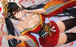 Rule 34 | 1girl, ahoge, artnohearts, azur lane, bare shoulders, black hair, black thighhighs, breasts, checkered sash, cleavage, collarbone, dutch angle, feathers, hair between eyes, hakama, hakama short skirt, hakama skirt, hands up, japanese clothes, kimono, kimono pull, large breasts, long hair, long sleeves, looking at viewer, mask, mask on head, obi, parted lips, petals, red eyes, red kimono, sash, skirt, smile, solo, taihou (azur lane), thighhighs, twintails, very long hair, wide sleeves, zettai ryouiki