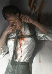Rule 34 | 1boy, absurdres, belt, black hair, blood, blood on face, chainsaw man, collared shirt, earrings, formal, highres, jewelry, kishibe (chainsaw man), kishibe (young) (chainsaw man), necktie, saltinesaltine1, scar, shirt, short hair, short sleeves, simple background, white shirt