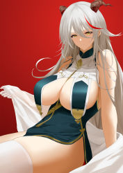 Rule 34 | 1girl, absurdres, aegir (azur lane), axicoi, azur lane, breast curtains, breasts, china dress, chinese clothes, cosplay, demon horns, dress, gloves, grey dress, hair between eyes, highres, horns, large breasts, looking at viewer, multicolored hair, pelvic curtain, red background, red hair, revealing clothes, ribbon between breasts, side slit, simple background, sirius (azur lane), sirius (azure horizons) (azur lane), sirius (azure horizons) (azur lane) (cosplay), sitting, skindentation, solo, streaked hair, thighhighs, two-tone hair, white gloves, white hair, white thighhighs, yellow eyes