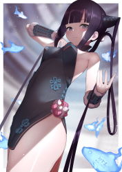 Rule 34 | 1girl, bare shoulders, black dress, blue eyes, blunt bangs, blush, breast poke, breasts, china dress, chinese clothes, closed mouth, covered navel, detached sleeves, dress, fate/grand order, fate (series), floral print, from below, hair ornament, highres, leaf hair ornament, long hair, looking at viewer, looking down, oz ma33, perspective, poking, purple hair, sidelocks, simple background, small breasts, smile, solo, thighs, twintails, very long hair, white background, yang guifei (fate)
