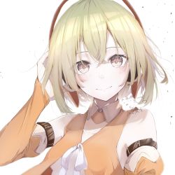 Rule 34 | 1girl, bad id, bad pixiv id, belt, blonde hair, breasts, brown eyes, chunithm, closed mouth, collarbone, detached collar, detached sleeves, hair between eyes, headphones, highres, kisaragi yaya, long sleeves, looking at viewer, orange sleeves, ribbon, short hair, simple background, sky feather, small breasts, smile, solo, upper body, white background, white ribbon