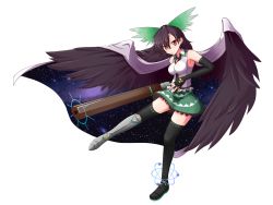 Rule 34 | 1girl, arm cannon, armor, armored boots, armpits, bird wings, black gloves, black hair, black thighhighs, black wings, boots, bow, cape, elbow gloves, fingerless gloves, full body, gloves, hair bow, highres, looking at viewer, miniskirt, mono (mono60), red eyes, reiuji utsuho, skirt, sleeveless, solo, thighhighs, third eye, touhou, transparent background, weapon, wings, zettai ryouiki