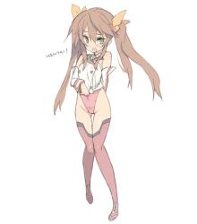Rule 34 | 10s, 1girl, arm behind back, bare shoulders, blade (galaxist), blush, brown hair, detached sleeves, green eyes, hair ribbon, huang lingyin, infinite stratos, jpeg artifacts, leotard, long hair, pigeon-toed, pink thighhighs, ribbon, school uniform, shirt tug, solo, standing, thigh gap, thighhighs, twintails