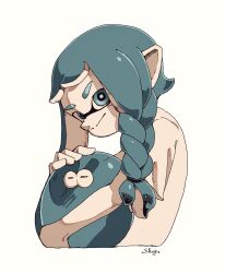 Rule 34 | 1girl, artist name, asymmetrical hair, blue eyes, blue hair, blunt bangs, braid, closed mouth, cropped torso, female focus, hair tie, hand on another&#039;s head, happy, highres, holding, inkling, inkling girl, inkling player character, jellyfish (splatoon), leaning forward, looking at viewer, matching hair/eyes, monochrome, nintendo, pale skin, pointy ears, shirt, shogo (shogo70449442), short sleeves, sidelocks, signature, simple background, single braid, smile, splatoon (series), split mouth, tentacle hair, tentacles, twintails, upper body, v-shaped eyebrows, white background, white shirt