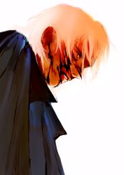 Rule 34 | 1boy, absurdres, black cloak, blood, blood on face, blood splatter, cloak, commentary, cosli, from below, from side, gradient hair, head down, highres, limited palette, looking ahead, male focus, multicolored hair, orange hair, original, parted lips, profile, short hair, solo, symbol-only commentary, upper body, white background, white hair, yellow eyes
