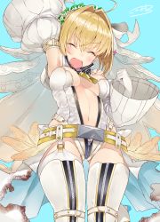 Rule 34 | 10s, 1girl, :d, ^ ^, ahoge, arm strap, arm up, armpits, bare shoulders, belt, belt skirt, blonde hair, blue background, blush, bodysuit, bow, breasts, breasts apart, bridal veil, buckle, center opening, chain, cleavage, clenched hand, closed eyes, cowboy shot, detached collar, detached sleeves, eyebrows, fate/extra, fate/extra ccc, fate/grand order, fate (series), flower, from below, full-length zipper, garter straps, gloves, groin, hair between eyes, hair bow, hair flower, hair intakes, hair ornament, hand up, happy, head tilt, head wreath, high heels, highres, impossible clothes, kou mashiro, lace, leg lift, leotard, lock, medium breasts, navel, nero claudius (bride) (fate), nero claudius (bride) (second ascension) (fate), nero claudius (fate), nero claudius (fate) (all), open clothes, open mouth, padlock, puffy detached sleeves, puffy sleeves, short hair, showgirl skirt, signature, simple background, skirt, smile, solo, sparkle, standing, strapless, strapless leotard, thigh strap, thighhighs, torn clothes, torn skirt, unzipped, veil, white bodysuit, white bow, white gloves, white leotard, white skirt, white thighhighs, wide sleeves, zipper