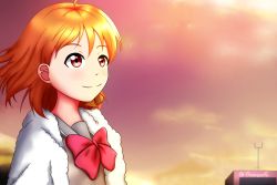Rule 34 | 1girl, artist name, artist request, blush, bow, bowtie, braid, breasts, cloud, collarbone, day, female focus, floating hair, fur-trimmed jacket, fur trim, grey sailor collar, jacket, long sleeves, looking at viewer, love live!, love live! sunshine!!, orange hair, orange sky, outdoors, parted lips, red bow, red bowtie, red eyes, ribbon, sailor collar, school uniform, shirt, short hair, side braid, single braid, sky, smile, solo, sunset, takami chika, upper body, uranohoshi school uniform