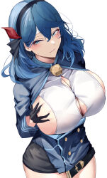 Rule 34 | 1girl, absurdres, ako (blue archive), bell, black gloves, black hairband, blue archive, blue eyes, blue hair, blush, breasts, cleavage, closed mouth, commentary request, from above, gloves, grabbing own breast, hair ornament, hairband, highres, huge breasts, long sleeves, looking at viewer, medium hair, namazu (yamasonson), sideboob, simple background, solo, white background