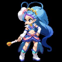 Rule 34 | 1girl, animated, animated gif, antenna hair, blinking, blue hair, boots, cure mermaid, earrings, full body, go! princess precure, hand on own hip, jewelry, kaidou minami, long hair, lowres, magical girl, midriff, pixel art, precure, solo, standing, stomach, tagme, takoyaki neko-san, transparent background, very long hair