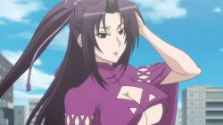 Rule 34 | arms up, black eyes, black hair, breasts, building, cleavage, cloud, covered erect nipples, hair ornament, kazehana, large breasts, lips, lipstick, long hair, looking at viewer, makeup, pink theme, ponytail, screencap, sekirei, sky, standing