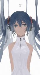 Rule 34 | 1girl, arms behind back, bare shoulders, blue eyes, blue hair, closed mouth, hair between eyes, hatsune miku, highres, simple background, smile, solo, turtleneck, twintails, vocaloid, white background, yomotobi, zipper, zipper pull tab
