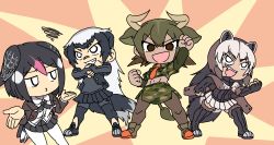 Rule 34 | 4girls, :d, animal ears, arm up, aurochs (kemono friends), badger ears, badger tail, bird girl, bird tail, bird wings, black hair, boots, brown eyes, brown hair, brown pantyhose, camouflage, camouflage shirt, camouflage skirt, chibi, clenched hand, clenched hands, collared shirt, cow ears, cow girl, cow horns, cow tail, cropped shirt, elbow gloves, extra ears, feet out of frame, fingerless gloves, fist in hand, full body, gloves, greater honeyguide (kemono friends), green hair, grey hair, grin, hands up, head wings, horns, jacket, jacket on shoulders, kemono friends, layered sleeves, leaning forward, long hair, long sleeves, looking afar, looking at another, looking at viewer, medium hair, midriff, miniskirt, multicolored hair, multiple girls, navel, necktie, open clothes, open jacket, open mouth, open shirt, outstretched arm, outstretched hand, own hands together, pantyhose, pink hair, pleated skirt, print shirt, print skirt, ratel (kemono friends), shirt, shoes, short over long sleeves, short sleeves, skirt, smile, squiggle, srd (srdsrd01), standing, stomach, tail, tan, thigh boots, thighhighs, two-tone hair, undershirt, v-shaped eyebrows, very long hair, white eyes, white hair, wing collar, wings, wolverine (kemono friends), zettai ryouiki