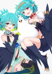 Rule 34 | 2girls, absurdres, bird legs, black feathers, black thighhighs, black wings, blue hair, blush, breasts, claws, colored inner hair, commentary, english commentary, fang, feathered wings, feathers, green hair, harpy, highres, hzhc, indie virtual youtuber, lincoro, looking at viewer, monster girl, multicolored hair, multiple girls, navel, open mouth, pointy ears, red eyes, second-party source, short hair, short twintails, simple background, skin fang, small breasts, stuffed animal, stuffed toy, talons, thighhighs, tiara, twintails, virtual youtuber, white background, winged arms, wings
