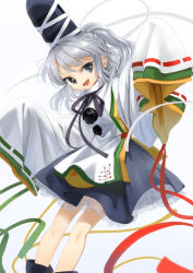 Rule 34 | 1girl, :d, black ribbon, blue hat, blue skirt, grey eyes, hat, highres, japanese clothes, long hair, long sleeves, mononobe no futo, open mouth, ponytail, ribbon, ribbon-trimmed sleeves, ribbon trim, silver hair, skirt, sleeves past fingers, sleeves past wrists, smile, solo, suna (s73d), tate eboshi, touhou, wide sleeves
