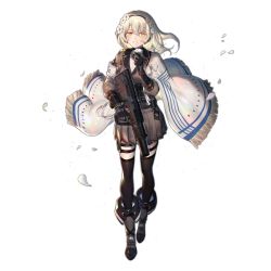 Rule 34 | 1girl, armband, assault rifle, black gloves, black thighhighs, blonde hair, blush, boots, breasts, brown jacket, brown skirt, bullpup, cape, carbine, choker, copyright name, floating hair, flower, full body, girls&#039; frontline, gloves, gun, hair between eyes, hair flower, hair ornament, hairband, heiwari kanade, hexagram, holding, holding flower, holding gun, holding weapon, iwi tavor, iwi tavor x95, jacket, load bearing equipment, long hair, looking at viewer, medium breasts, official art, parted lips, petals, pleated skirt, rifle, rose, sidelocks, skirt, smile, sniper rifle, solo, star of david, submachine gun, suppressor, tavor x95, thigh strap, thighhighs, transparent background, trigger discipline, walking, weapon, white flower, white rose, wind, x95 (girls&#039; frontline), yellow eyes