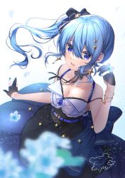 Rule 34 | 1girl, bare shoulders, black bow, black gloves, blue eyes, blue hair, blue nails, blue skirt, bow, breasts, cleavage, commentary request, floating hair, gloves, hair between eyes, hair bow, half gloves, hand up, highres, hololive, hoshimachi suisei, ko yu, long hair, medium breasts, nail polish, partially fingerless gloves, side ponytail, skirt, solo, very long hair, virtual youtuber