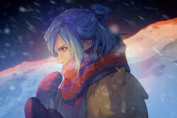 Rule 34 | 1boy, blue hair, commentary request, creatures (company), earrings, from side, game freak, grusha (pokemon), hair bun, highres, jacket, jewelry, long hair, looking down, male focus, mittens, night, nintendo, outdoors, pokemon, pokemon sv, renshena, scarf, scarf over mouth, sky, snowing, solo, striped clothes, striped scarf, upper body, yellow jacket