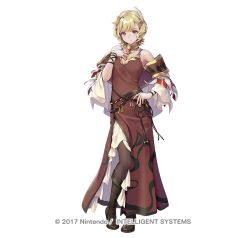 Rule 34 | 1girl, bare shoulders, belt, black belt, black footwear, black pantyhose, blonde hair, boots, brown dress, citrinne (fire emblem), commentary request, dress, fire emblem, fire emblem engage, fire emblem heroes, full body, hand on own chest, jewelry, long sleeves, looking at viewer, ne-on, neck ring, nintendo, official art, pantyhose, red eyes, short hair, simple background, sleeveless, sleeveless dress, smile, solo, standing, white background, wing hair ornament