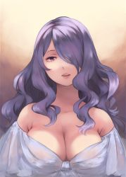 Rule 34 | 1girl, ai-wa, bare shoulders, breasts, camilla (fire emblem), cleavage, fire emblem, fire emblem fates, hair over one eye, large breasts, long hair, nintendo, parted lips, purple eyes, purple hair, solo, upper body