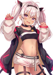 Rule 34 | 1girl, :d, antenna hair, black choker, black hairband, black jacket, black shirt, blush, choker, claw pose, commentary request, cowboy shot, crop top, fangs, hair between eyes, hairband, highres, jacket, long hair, long sleeves, looking at viewer, matsukai mao, navel, nijisanji, off shoulder, open clothes, open jacket, open mouth, panty straps, purple eyes, shirt, short shorts, shorts, silver hair, sleeves past wrists, smile, solo, spiked choker, spikes, standing, stomach, thigh strap, thighs, twintails, virtual youtuber, white shorts, yuano