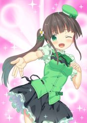 Rule 34 | 1girl, ;d, alternate costume, black skirt, blunt bangs, blush, bow, bowtie, breasts, brown hair, buttons, commentary request, cowboy shot, flower, foreshortening, frilled skirt, frills, gochuumon wa usagi desu ka?, green bow, green bowtie, green eyes, green hat, green ribbon, green vest, hair flower, hair ornament, hat, hat bow, long hair, looking at viewer, medium breasts, mini hat, mutou riu, one eye closed, open mouth, outstretched arm, puffy short sleeves, puffy sleeves, rabbit house uniform, ribbon, shirt, short sleeves, side ponytail, sidelocks, skirt, smile, solo, sparkle, standing, two-tone background, ujimatsu chiya, vest, white flower, white shirt