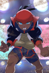 1boy black_hair black_hoodie blue_eyes blue_shorts clenched_teeth collared_shirt creatures_(company) dark-skinned_male dark_skin dynamax_band earrings fingernails game_freak gym_leader highres hood hood_down hoodie hunched_over jewelry legs_apart light male_focus mira_(miramita8727) nintendo orange_headwear pokemon pokemon_swsh raihan_(pokemon) sand shirt shorts side_slit side_slit_shorts solo teeth